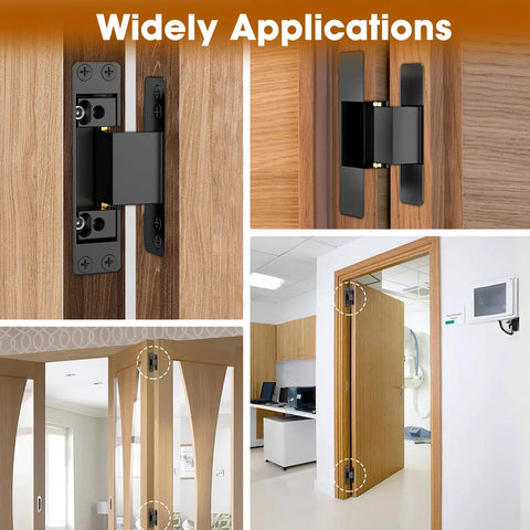 Invisible Hidden Door Hinge Kit For Concealed Doors And Feature Walls Featuring 110 Degree Swing And 2 Way Adjustable Butt Hinges Black Four Point Five Inch Matte Lipshome installed on wooden doors showing hinge applications in interiors.