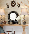 Set Of 2 Rustic Table Lamps For Living Room Farmhouse Antler Resin Nightstand Lamps With USB Charging Ports Three Way Dimmable Cozy Shaded Bedside Lighting LED Bulbs Included displayed on console table with decor