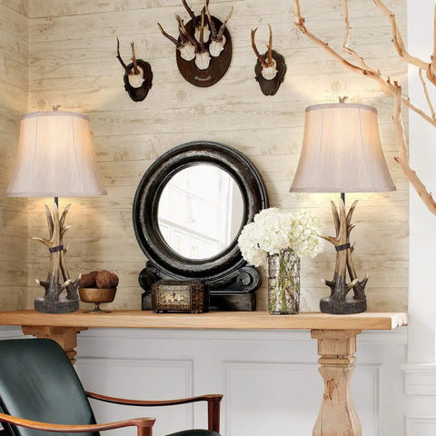 Set Of 2 Rustic Table Lamps For Living Room Farmhouse Antler Resin Nightstand Lamps With USB Charging Ports Three Way Dimmable Cozy Shaded Bedside Lighting LED Bulbs Included displayed on console table with decor