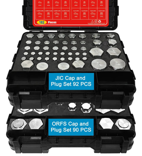 Heavy Duty 182 Piece Hydraulic Cap And Plug Kit For JIC 37 Degree And ORFS Fittings With 45 O Ring Seals Black Double Sided Organizer All In One Caps And Plugs For Hose Tube And Pipe Fits 4 6 8 10 12 16