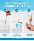 Testing process for All In One 21 In 1 Water Test Kit With 120 Strips And 2 Bacteria Tests, showing dipping strip, wait, compare colors