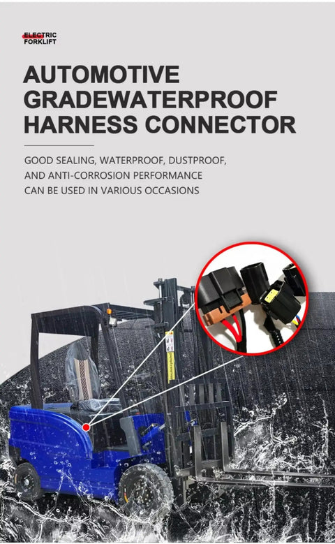 3300 To 6000 Lb Electric Stacker Forklift For Warehouses Powering Logistics With Battery Operated Material Handling Lift Truck Storage Centers with waterproof harness connector.