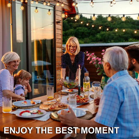 Family dining under 50Ft Outdoor Patio String Lights With G40 LED Globe Bulbs Waterproof UL Listed Connectable Hanging Lights