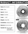 Beefy 8 Speed Bike Cassette 11 To 28 Tooth Range For Mountain Folding And Commuter Bikes, front and back view with specs