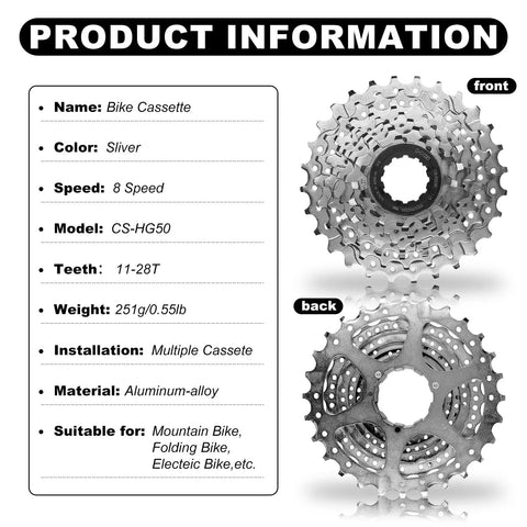 Beefy 8 Speed Bike Cassette 11 To 28 Tooth Range For Mountain Folding And Commuter Bikes, front and back view with specs