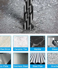 5-piece black 10mm masonry drill bit set with hex shanks; close-up drilling into concrete with brick, tile, marble, glass icons.