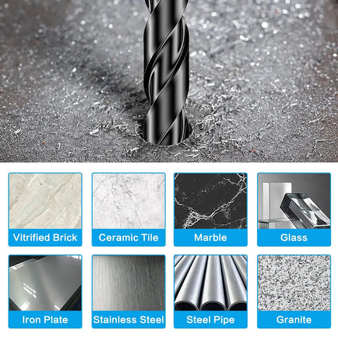 Close-up of drill bit from Go-To 11-Piece Carbide Masonry Drill Bit Set With Quick Change One Quarter Inch Hex Shank For Concrete Stone Tile Brick Ceramic Glass Metal Plastic And Wood Case Included Sizes Five Thirty-Second, Three Sixteenths, One Quarter, Five Sixteenths, Three.