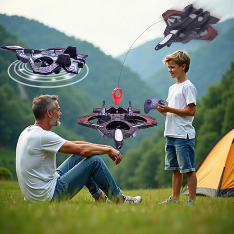Father and son playing with Foam RC Airplane With LED Lights Remote Control Fighter Jet For Night Flights Outdoor 360 Degree Flip