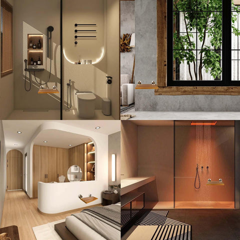 Bathrooms featuring the 20 Inch Folding Teak Shower Bench Wall Mounted Seat For Seniors And Adults With Brushed Nickel Cover.