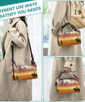 Person carrying Desert Cowboy Ride Lunch Bag Insulated Tote, shown in two styles and a detailed desert scene print.