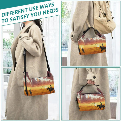 Person carrying Desert Cowboy Ride Lunch Bag Insulated Tote, shown in two styles and a detailed desert scene print.