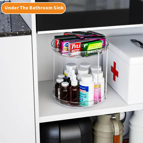 Two Tier Lazy Susan Turntable For Cabinets And Pantry 9.5 Inch Diameter organizing medicines under bathroom sink.