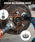 Drills with brushes cleaning hub using All In One Seventeen Piece Wheel Hub Cleaning Tool Kit With Goggles And Gloves For Rust Removal.
