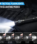 Ultra Bright 1800 Lumen LED Tactical Flashlight Beast Bright Beam Rechargeable Waterproof Dual Switch displayed on black backpack