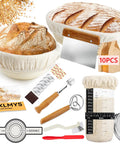 All In One Sourdough Starter Kit with 9 Inch Round and 10 Inch Oval Banneton Proofing Baskets, jar, whisk, and tools.