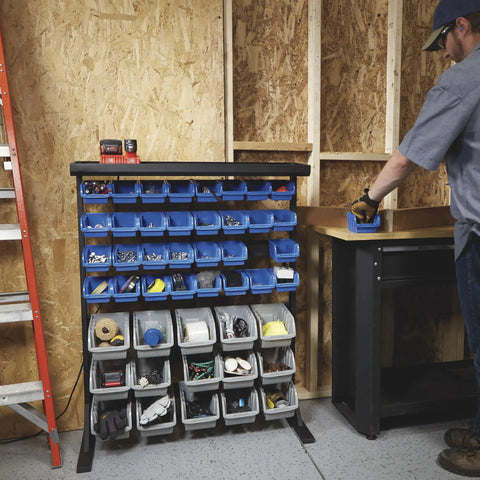 Heavy Duty Garage Organization Workhorse Storage Rack With Powder Coated Steel Rails And Hella Sturdy 47 Super Polypropylene Bins Ideal For Shop Hardware Tools