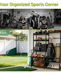 Garage Sports Gear Organizer With Golf Bag Storage Rack Heavy Duty Ball Organizer shown before and after tidying sports equipment