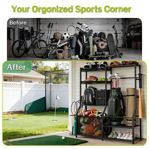 Garage Sports Gear Organizer With Golf Bag Storage Rack Heavy Duty Ball Organizer shown before and after tidying sports equipment