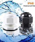 IP68 Waterproof Nylon NPT Cable Gland Kit with white and black glands, UL Listed RoHS cord grip and cable strain relief, splash effect.