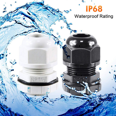 IP68 Waterproof Nylon NPT Cable Gland Kit with white and black glands, UL Listed RoHS cord grip and cable strain relief, splash effect.