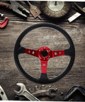 Universal 14 Inch Red PU Steering Wheel With Horn Button For Car Golf Cart And Racing Simulator Boss Grade Performance Wheel on workbench