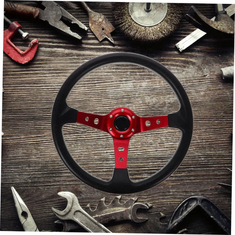Universal 14 Inch Red PU Steering Wheel With Horn Button For Car Golf Cart And Racing Simulator Boss Grade Performance Wheel on workbench