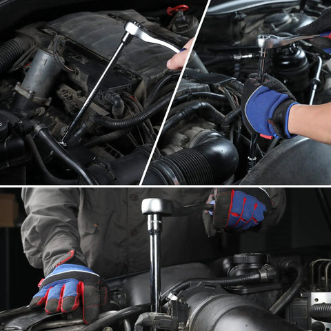 Mechanic using 9 Piece Socket Accessory Set With 1/4 Inch, 3/8 Inch And 1/2 Inch Drive Universal Joints on car engine in workshop