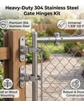 Heavy Duty Gate Hinges Two Pack For Chain Link And Wood Fences Stainless Steel 304 Five Eighth Inch Pin Wall Mounted Fence Hardware For Farm Gates Durable Swing Hinge Set Easy Install And Long Lasting showing wood and chain link setup.