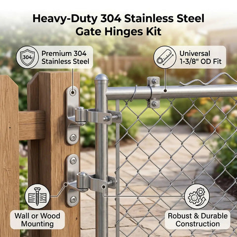 Heavy Duty Gate Hinges Two Pack For Chain Link And Wood Fences Stainless Steel 304 Five Eighth Inch Pin Wall Mounted Fence Hardware For Farm Gates Durable Swing Hinge Set Easy Install And Long Lasting showing wood and chain link setup.