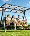 Three Seat Patio Swing With Canopy 2 In 1 Convertible Bed Heavy Duty Outdoor Porch Swing Chair 750 Lbs Weight Capacity Adjustable Sunshade Reinforced Steel Frame For Backyard Garden Lawn Dark Gray with three people sitting.