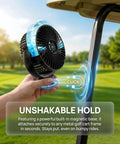 Person attaching 2-Pack Magnetic Golf Cart Misting Fan with Heavy-Duty Strap and 12000mAh Battery to golf cart