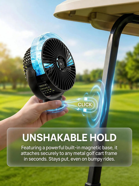 Person attaching 2-Pack Magnetic Golf Cart Misting Fan with Heavy-Duty Strap and 12000mAh Battery to golf cart