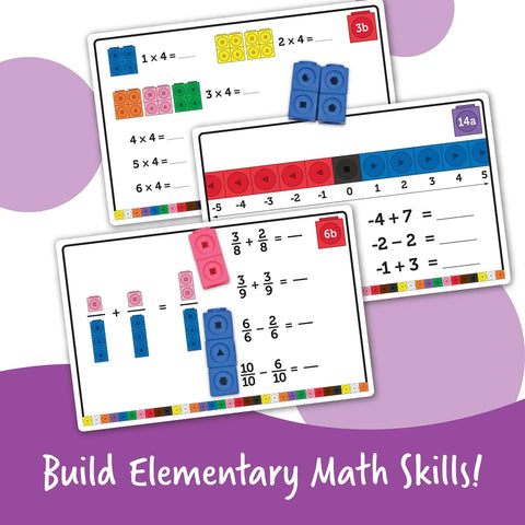 Math cards with colorful cubes, Kid Friendly Hands On Linking Math Cubes For Elementary Math Learning, showcasing activities.