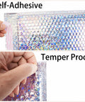 Close-up of self-adhesive and tamper-proof seals on iridescent bubble mailers set of 50 in three sizes, waterproof self seal padded envelopes for shipping jewelry, makeup, and small goods, holographic bubble bags for secure mailing and your online business.