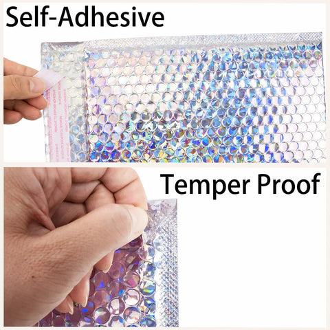 Close-up of self-adhesive and tamper-proof seals on iridescent bubble mailers set of 50 in three sizes, waterproof self seal padded envelopes for shipping jewelry, makeup, and small goods, holographic bubble bags for secure mailing and your online business.