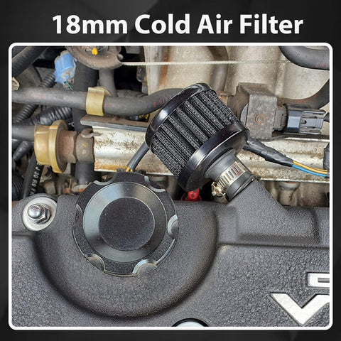 18mm Cold Air Intake Filter For Cars And Motorcycles With Adjustable Clamp High Flow Breather Filter Turbo Vent Cleaner Accessory Precision Dust Filtration For Enhanced Engine Performance And Longevity Black installed in engine