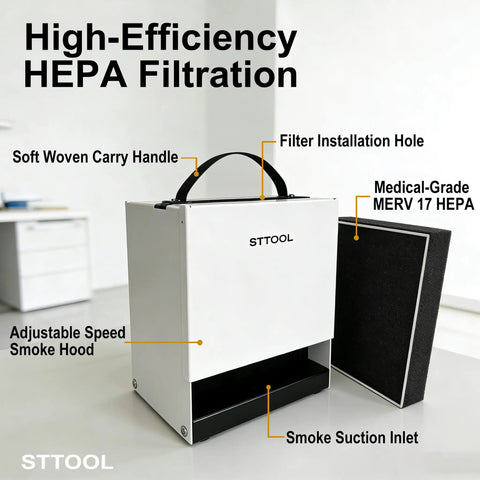 Upgraded Solder Fume Extractor With High Suction And HEPA Filtration Portable Smoke Purifier, showing handle and filter