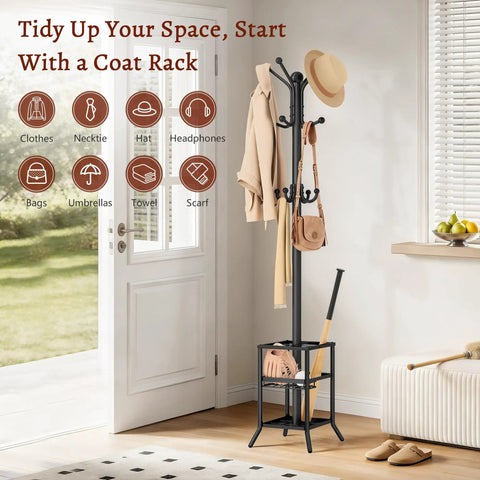 Freestanding Coat Rack With Umbrella Holder And 12 Metal Hooks Three Tier Tree Coat Stand in a bright entryway.