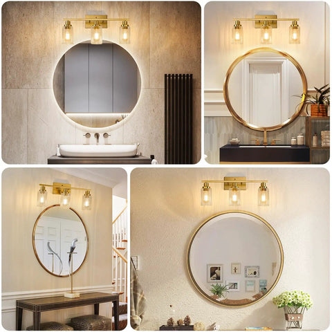 Three Light Brushed Gold Vanity Light With Fluted Glass Shades For Bathroom Modern Gold Over Mirror Fixture in various decor settings