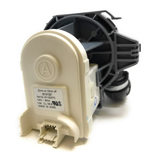 OEM Dishwasher Circulation Pump and Motor Assembly W11032770 Replacement with Oetiker Clamp, shown in black and white colors.