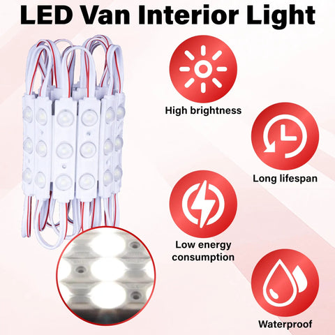 LED Van Interior Lighting Kit image showing 60 LED modules with icons for high brightness, long lifespan, low energy, waterproof features.