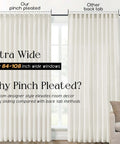 Extra Wide Linen Curtains With Tailored Pinch Pleat Top For Track System With Hooks shown in a living room setup, light filtering panels, 70x96 inches.