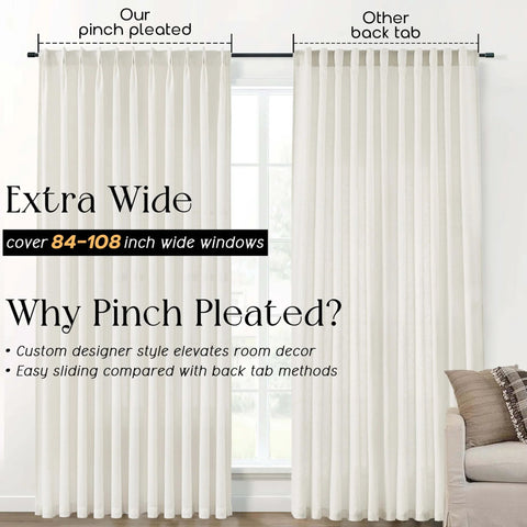 Extra Wide Linen Curtains With Tailored Pinch Pleat Top For Track System With Hooks shown in a living room setup, light filtering panels, 70x96 inches.