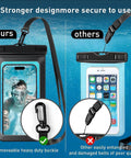 Comparison of our waterproof phone pouch IPX8 case with secure buckle next to another design with less durable strap.