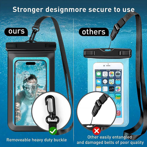 Comparison of our waterproof phone pouch IPX8 case with secure buckle next to another design with less durable strap.