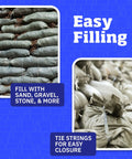 Heavy Duty Sand Bags With Tie Strings For Flood Control, Woven Polypropylene Construction, pile of green bags
