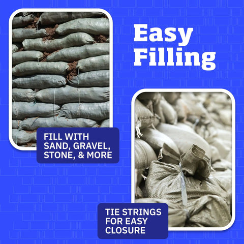 Heavy Duty Sand Bags With Tie Strings For Flood Control, Woven Polypropylene Construction, pile of green bags