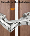 2 Pack 170 Degree Soft Close Cabinet Hinge Hidden Frameless Door Hardware Surface Mount Self Closing For Corner Kitchen Cupboard No Slot Required Easy Install No Fuss Smooth Quiet Close Adjustable 130 To 170 Degrees, shown installed on thick wooden door, highlighting suitability for 4 cm thickness.