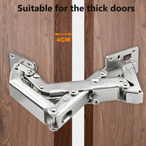 2 Pack 170 Degree Soft Close Cabinet Hinge Hidden Frameless Door Hardware Surface Mount Self Closing For Corner Kitchen Cupboard No Slot Required Easy Install No Fuss Smooth Quiet Close Adjustable 130 To 170 Degrees, shown installed on thick wooden door, highlighting suitability for 4 cm thickness.