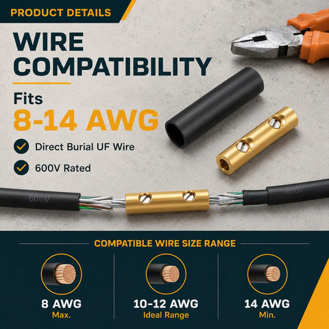 Hot Wire Underground Splice Kit With Heat Shrink Tubes Fixes 14-8 AWG UF Cable Directly Burial Rated Safe At 600V For Outdoor And Landscape Lighting Repair Jobs Done Right. 8-14 AWG wire compatibility chart, brass splice and heat shrink tube